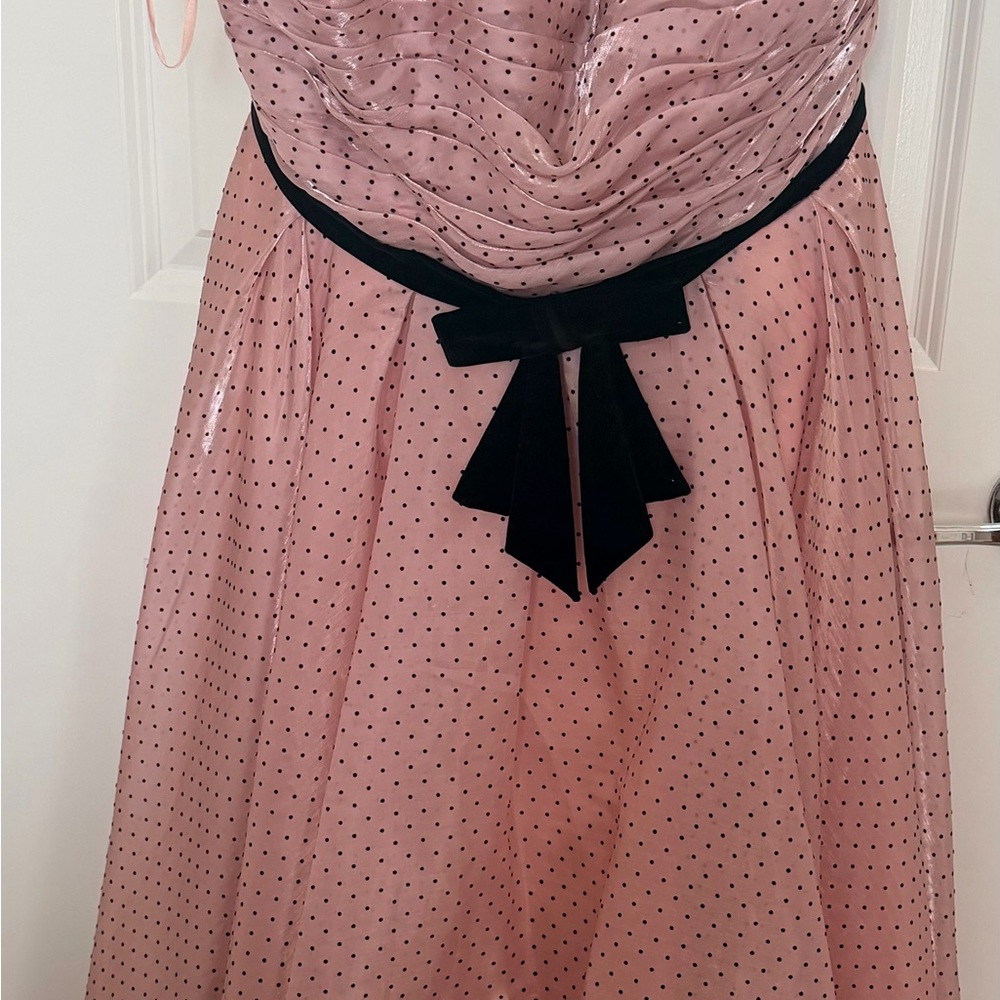 Mac Duggal Pink Polka Dot Satin Dress with Black Velvet Bow